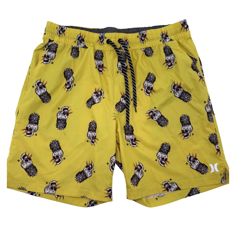 Hurley Mens Pineapple Skull Board Shorts Yellow Swim Trunks Size 32